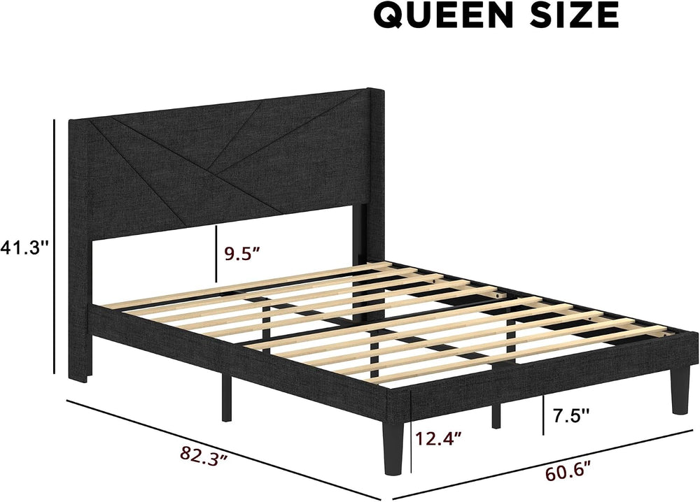 Queen Size Bed Frame with Upholstered Wingback Headboard, Easy Assemnly Platf...