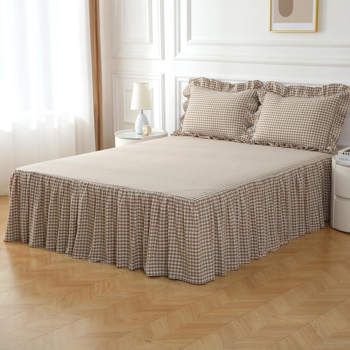 silnuo taupe/white plaid bed skirt gingham dust ruffle, main product view