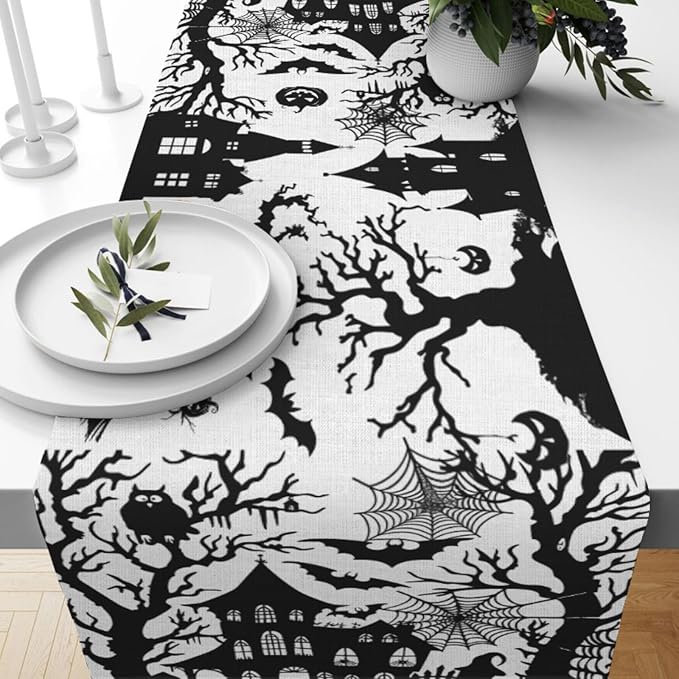 Halloween Spider Pumpkin Table Runner, Linen Farmhouse Table Runner, Dresser - Image 5