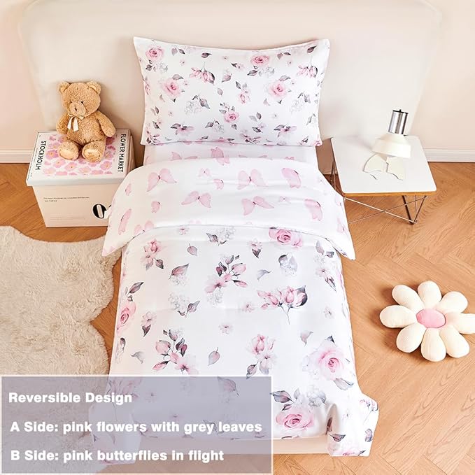 PERFEMET Floral Toddler Bedding 4-Piece Pink Flower Toddler Girls Comforter - Image 3
