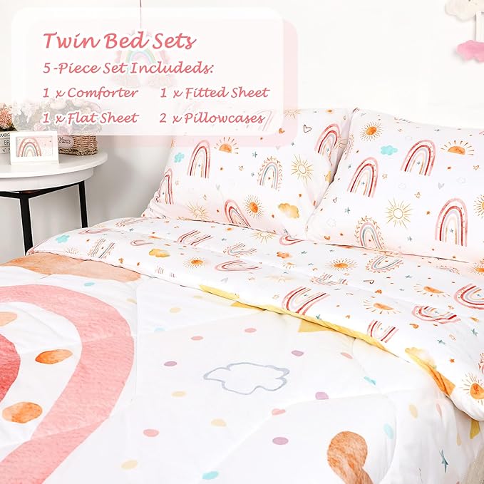 Twin Size Toddler Bedding Set for Girls- 5 Piece Rainbow Toddler Girl Bedding - Image 2