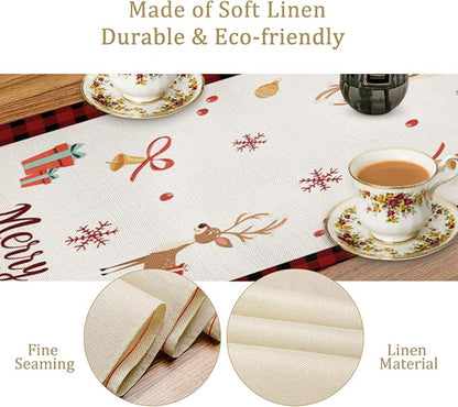 Christmas Table Runner, Merry Christmas Santa Claus Linen Table Runner - Image 3