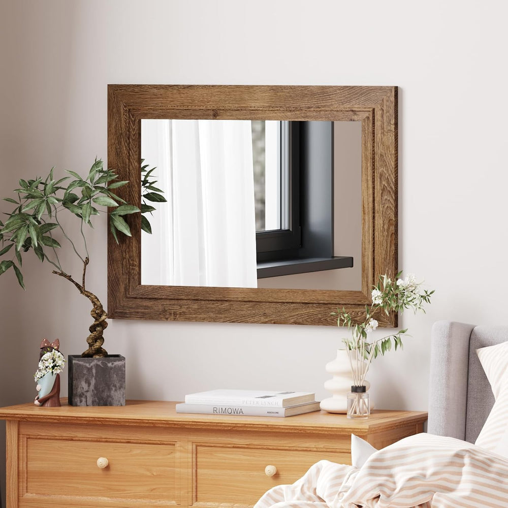 Rustic Wall-Mounted Vanity Mirror, Solid Wood Frame Bathroom Mirror, Farmhous...