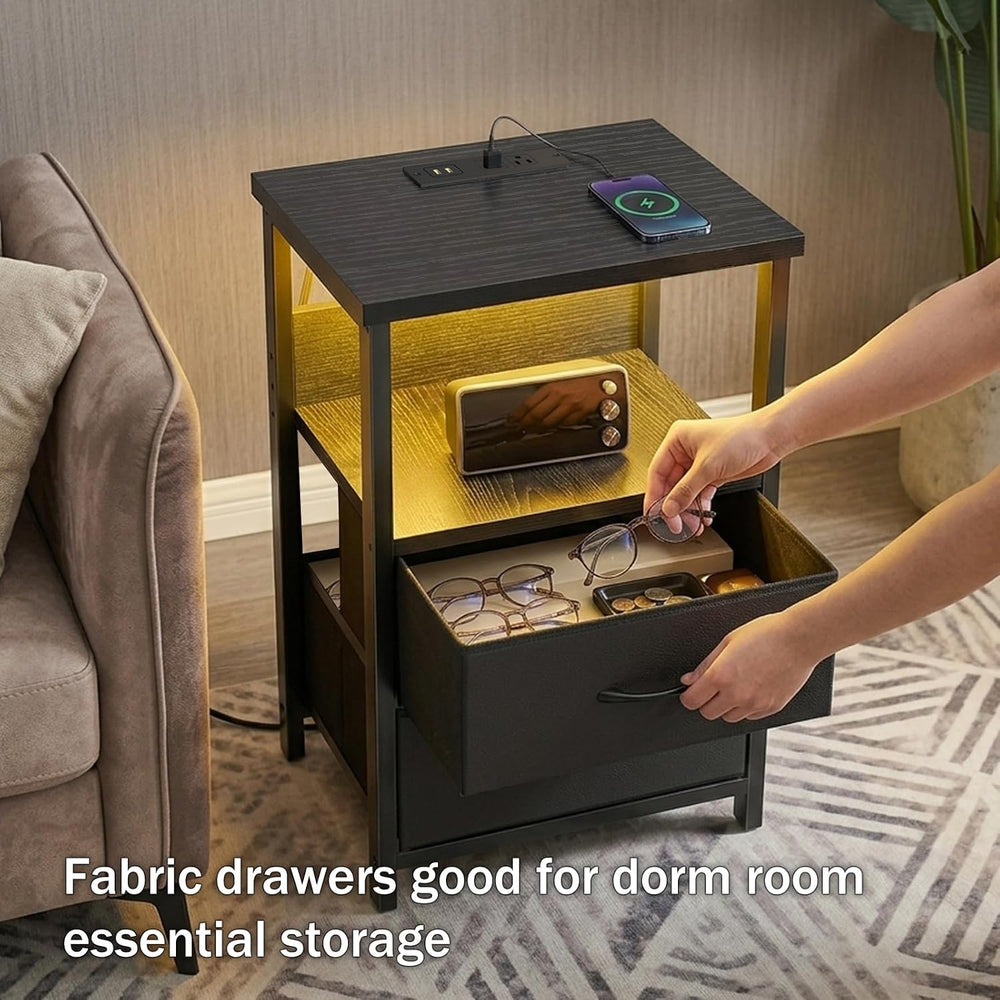 Fixwal Night Stand with Charging Station, Black Led Nightstand, 2 Drawers