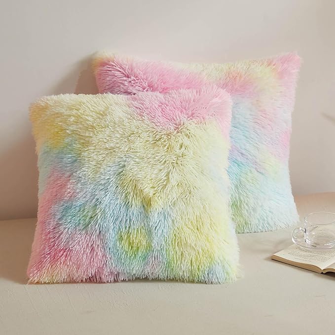 XeGe Rainbow Faux Fur Throw Pillow Covers, Tie Dye Multicolor Shaggy Decorative by XeGe