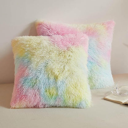 XeGe Rainbow Faux Fur Throw Pillow Covers, Tie Dye Multicolor Shaggy Decorative by XeGe