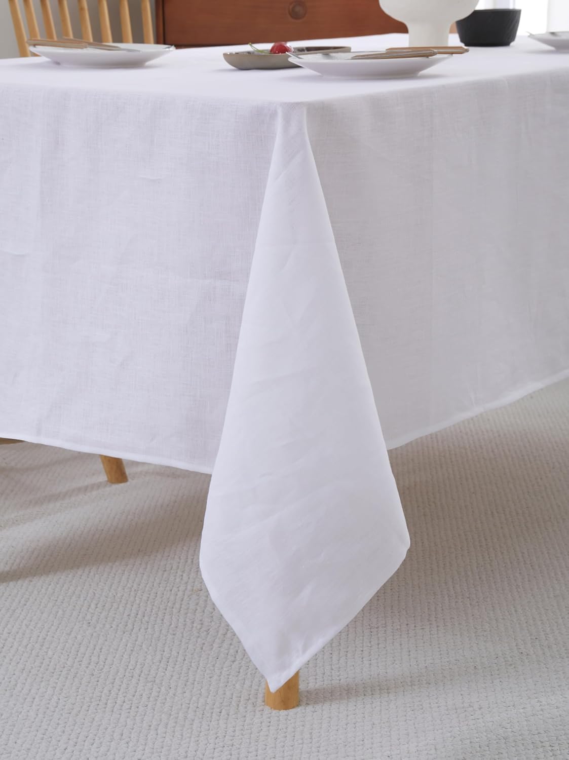 100% French Flax Linen Tablecloths Rectangle 132Lx60W Inch for Dinners, Parties, Easter, Halloween, Camping, Machine Washable, 12-14 Sets (60''x132'', White)