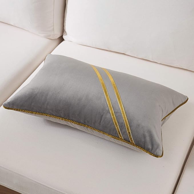 Avigers 12 x 20 Inch Gray Gold Leather Striped Lines Velvet Cushion Case Luxury - Image 3