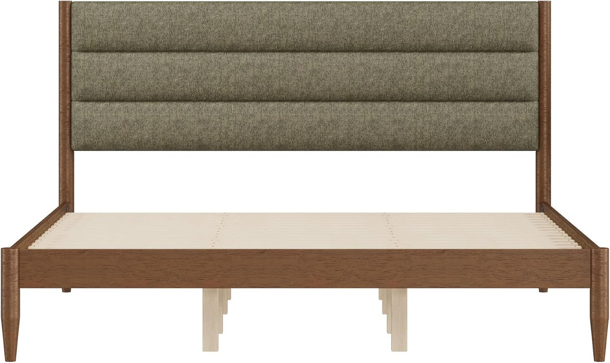kislot wood bed frame with upholstered headboard, sage, front angle view
