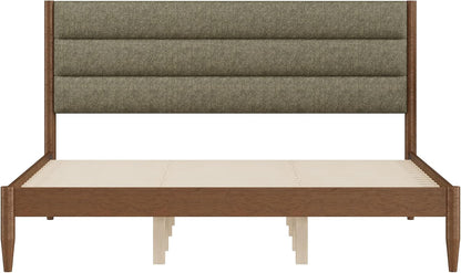 kislot wood bed frame with upholstered headboard, sage, front angle view