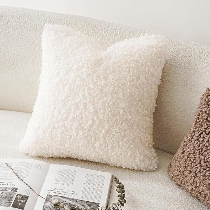 Foindtower 2 Pieces 24x24 Inch White, Faux Fur Throw Pillow Cover Accent Sherpa - Image 4