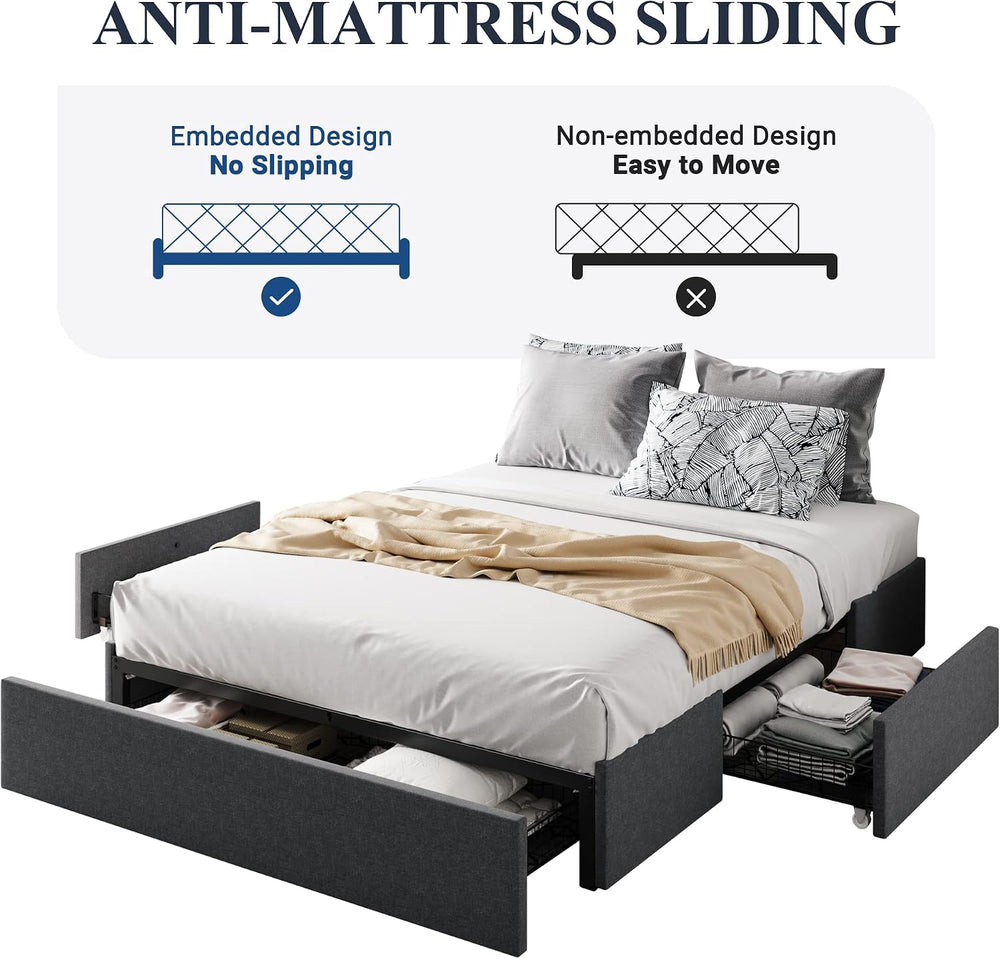 Allewie Full Size Platform Storage Bed Frame with 3 Drawers, Dark Grey