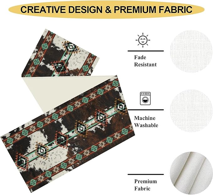 Western Table Runner, Rustic Brown Cow Print Skin Cowhide Aztec Southwest - Image 5