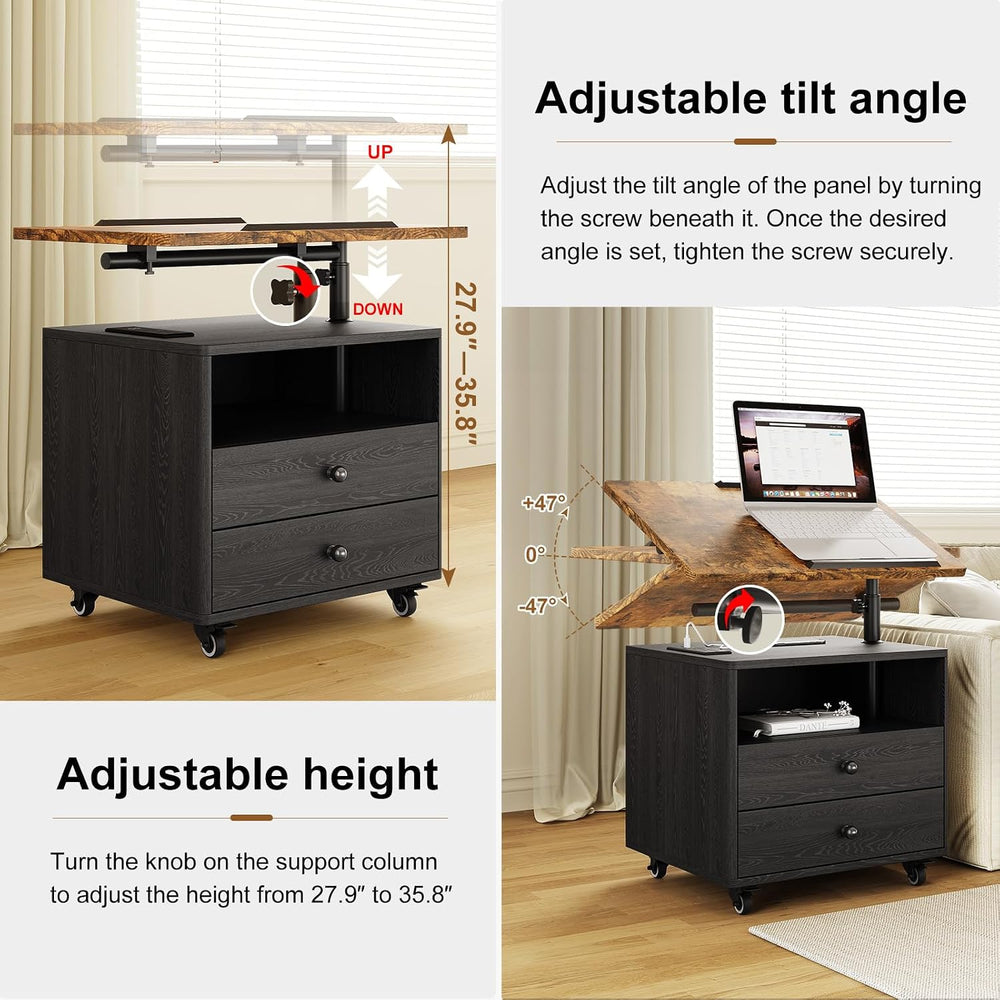 Bedroom Nightstand with Drawers & Charging Station, Adjustable Height Bed...