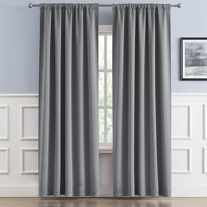 DUALIFE Thermal Insulated Gray Blackout Curtain Panels 96 Inches Long, Back Tab - Image 2