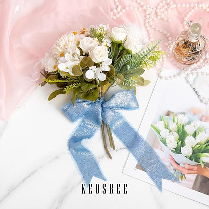 Deep Sky Blue Silk Chiffon Ribbon, Dusty Blue Frayed Shimmery Silk Ribbon - Image 6