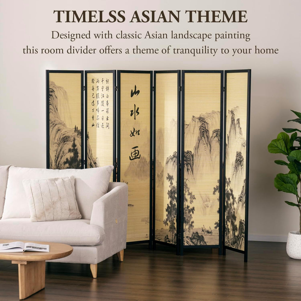 MyGift 6 Panel Room Divider with Bamboo Screen Chinese Calligraphy Design
