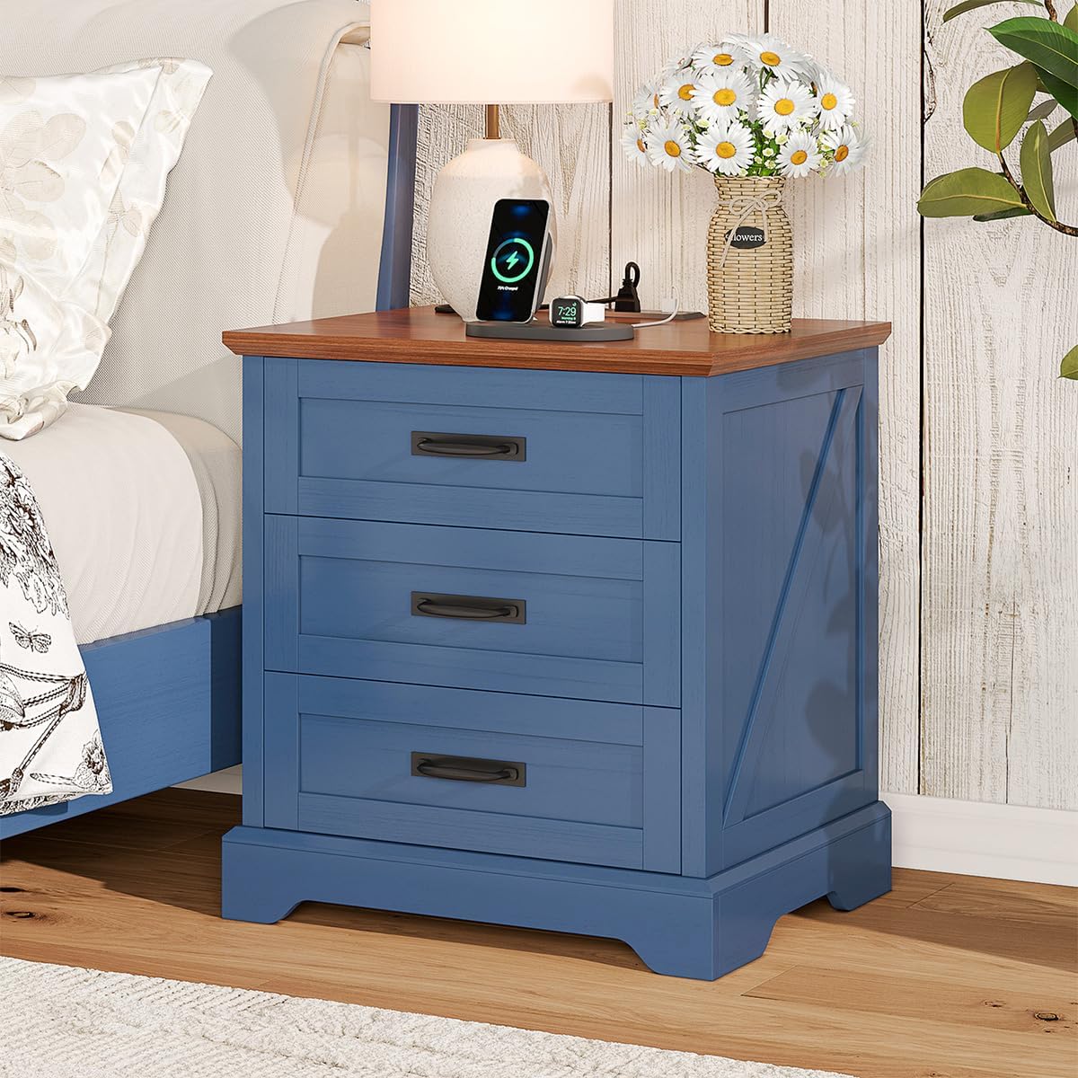 whalefall 3 drawers farmhouse nightstand with charging station, main product view