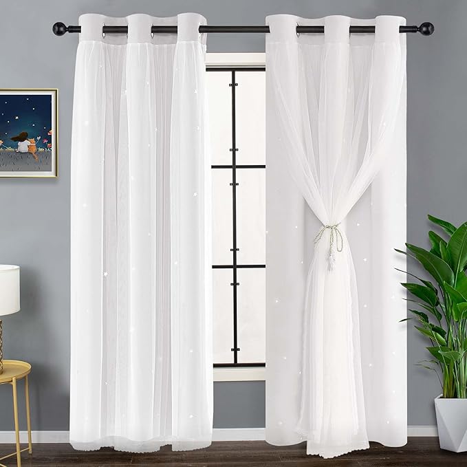 Kinryb White Star Cut-Out Window Curtains Double Layer Thermal Insulated Light by Kinryb