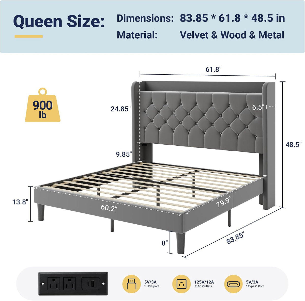 allewie queen bed frame, storage headboard & charging shown in use