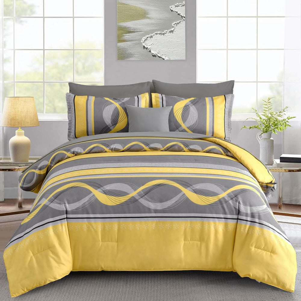 Anibedding Yellow and Grey Comforter Set King Size,8 Pieces Bed in a Bag Patc...