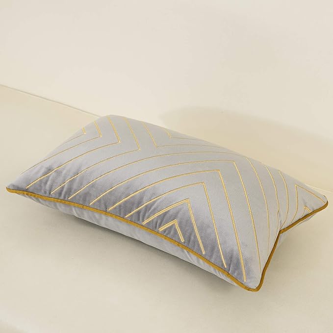 Avigers 12 x 20 Inch Grey Gold Striped Geometric Lines Embroidery Velvet - Image 3