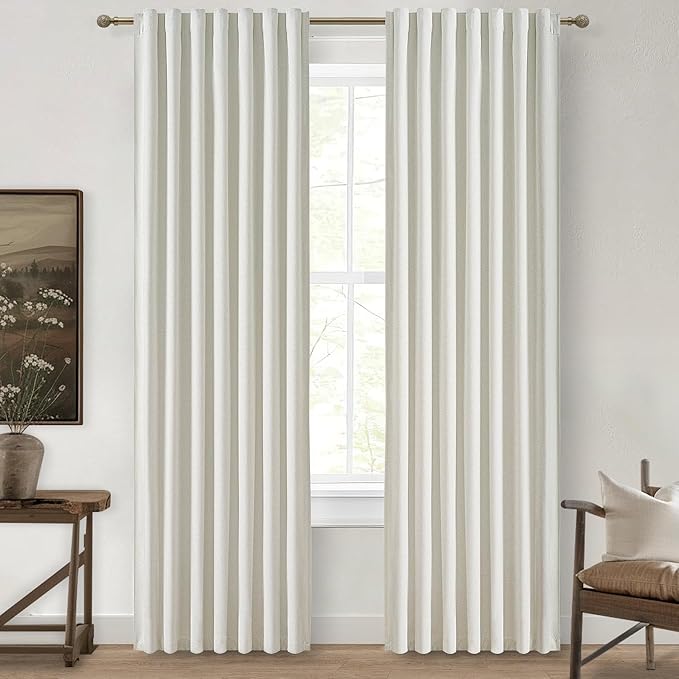 Beige White Cute Blackout Curtains 84 Inches Long 2 Pack, Insulated Sliding by QJMYDECO