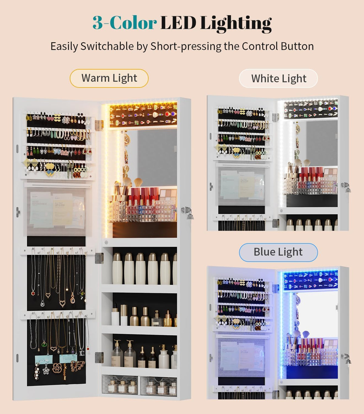 vlsrka led mirror jewelry cabinet, over door/wall mounted showing dimensions
