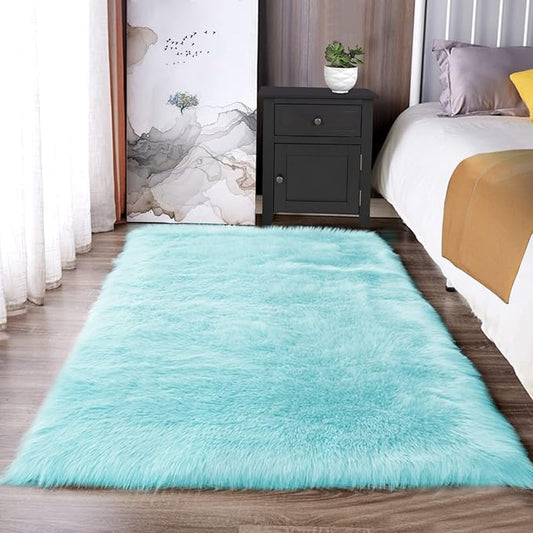 Latepis Light Blue Shaggy Rugs for Bedroom 3x4 Faux Sheepskin Rug Teal Fur Rug by Latepis