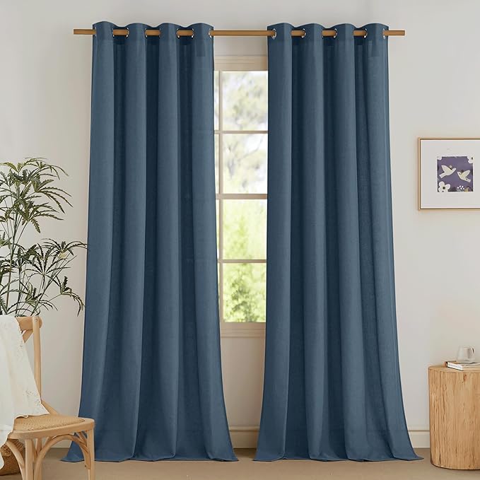 NICETOWN Semi Sheer Flax Linen Navy Blue Curtains 96 inches Long, Grommet Thick by NICETOWN