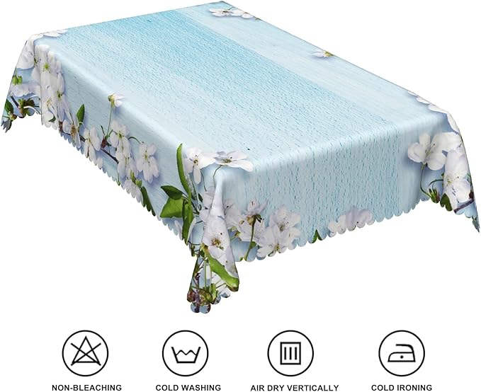 60x84inches Blue Wooden Rectangle Tablecloth Cherry Blossom Flowers Border - Image 6