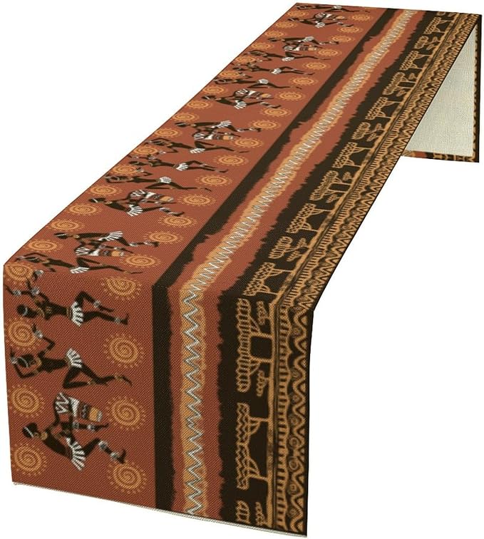 African Native Indigenous Table Runner, Abstract Geometry Ancient Art Folk by ShiTingYu