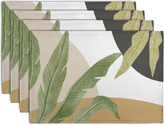 Tropical Palm Leaf Linen Placemats Set of 4 Summer Green Banana Leaves Themed by Wnoesat