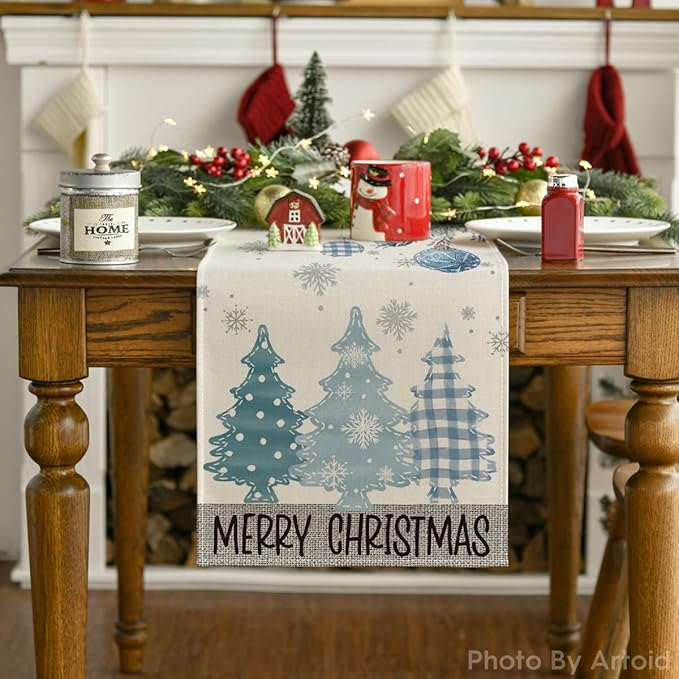 Artoid Mode Blue Pine Trees Merry Christmas Table Runner, Winter Xmas Holiday - Image 2