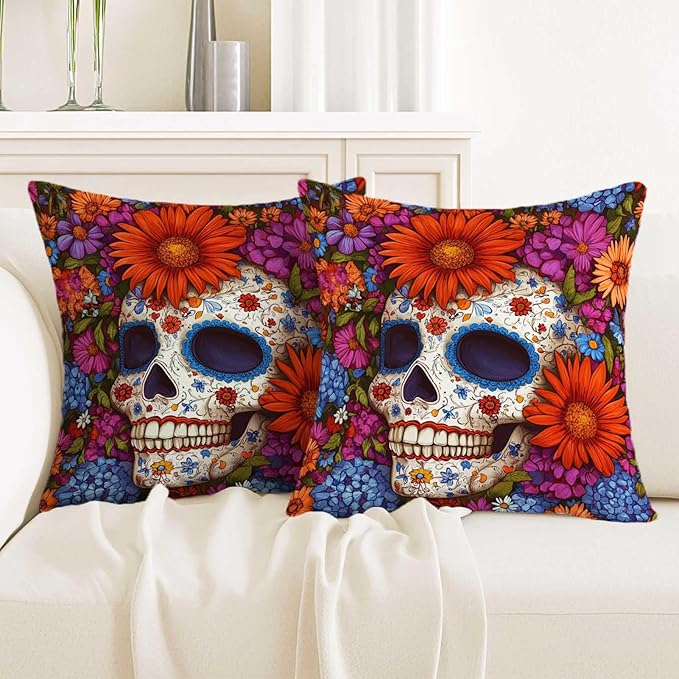 Day of The Dead Skull Throw Pillow Covers 18x18 Set of 2 | Sugar Skull by Unknown
