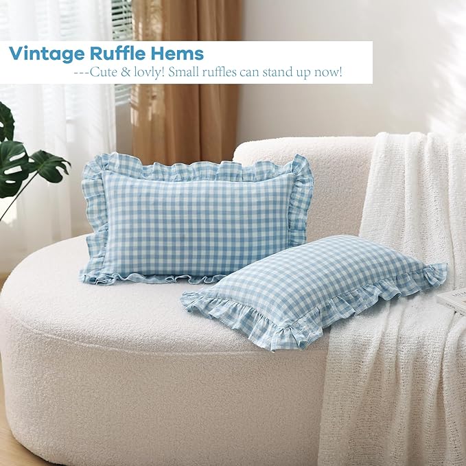 2 Pack Light Blue White Plaid Ruffle Gingham Lumbar Throw Pillow Covers - Image 3