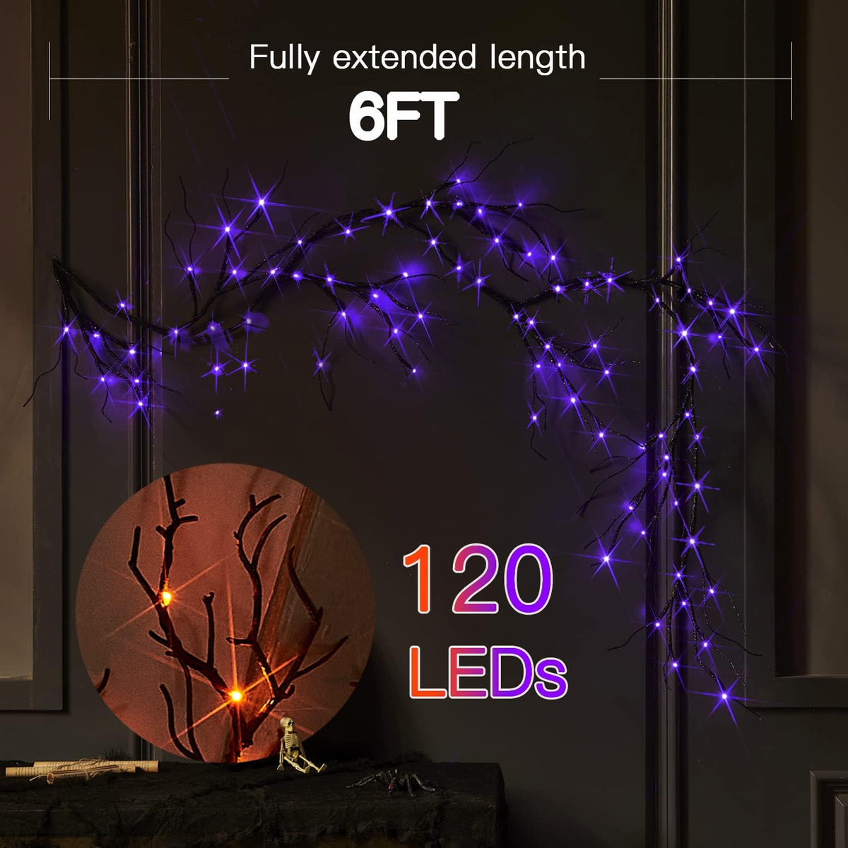 Fudios Lighted Halloween Garland with 120 Orange and Purple LED Fairy Lights for Mantle, Halloween Black Garland with Lights 8 Functios Battery Operated 6FT Indoor Outdoor Home Wall Decoration