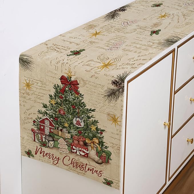 Vintage Christmas Trees Table Runner 13x72 Inch Merry Box Poinsettia Winter - Image 3