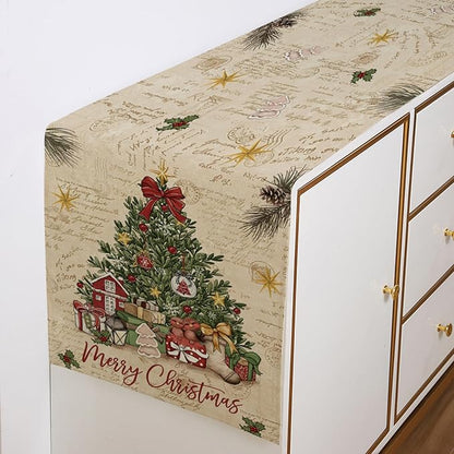 Vintage Christmas Trees Table Runner 13x72 Inch Merry Box Poinsettia Winter - Image 3