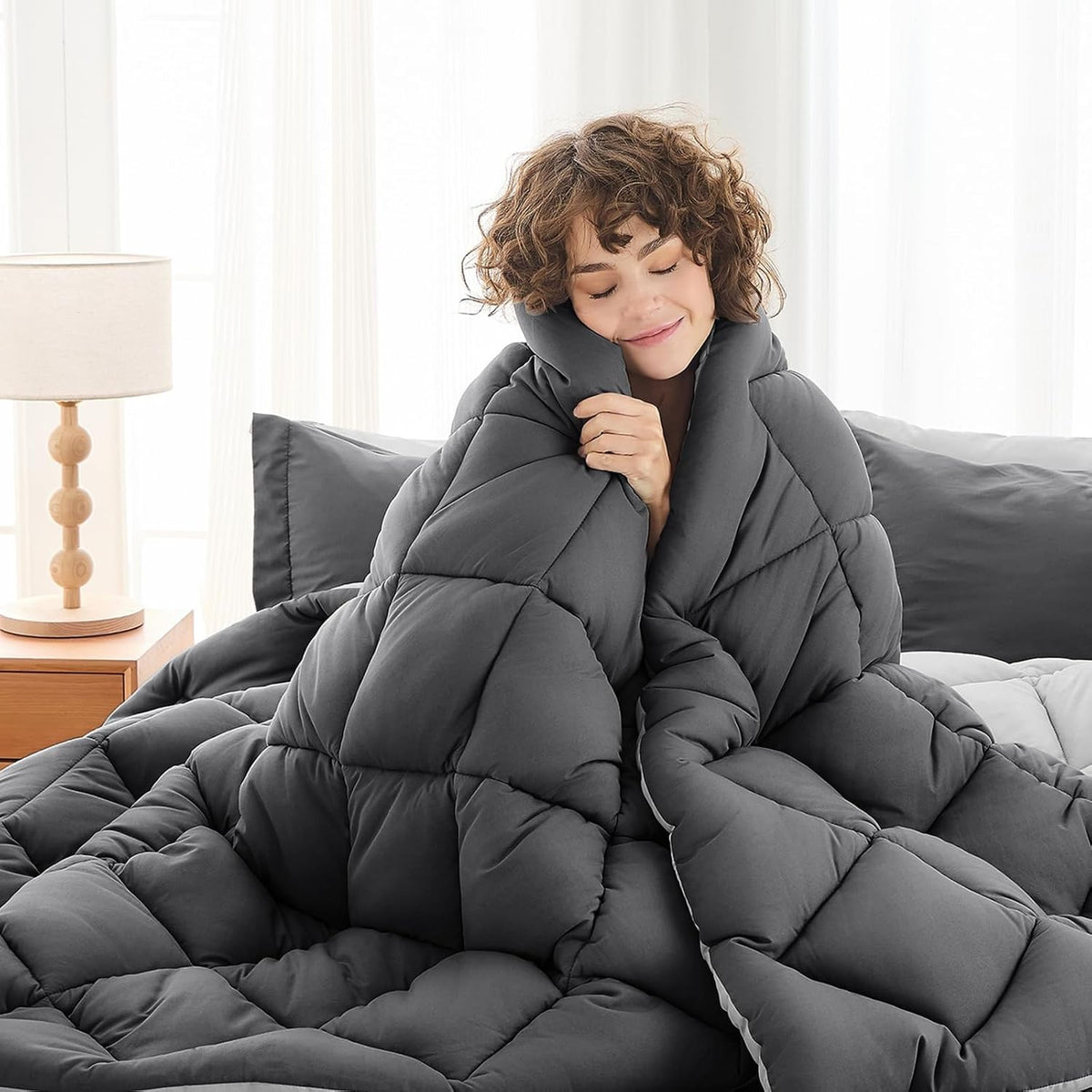 queen comforter set 7 pieces, reversible bed in shown in use