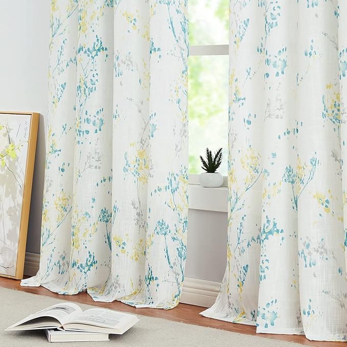 Tree Semi Sheer Curtains for Living Room Bedroom Teal Yellow and Grey Branch on - Image 4