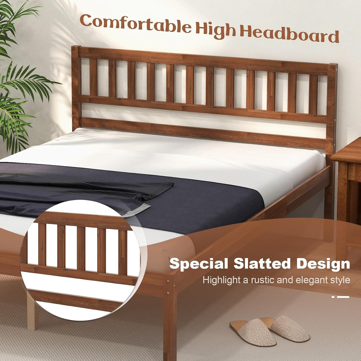 komfott full size wood platform bed frame with, side view