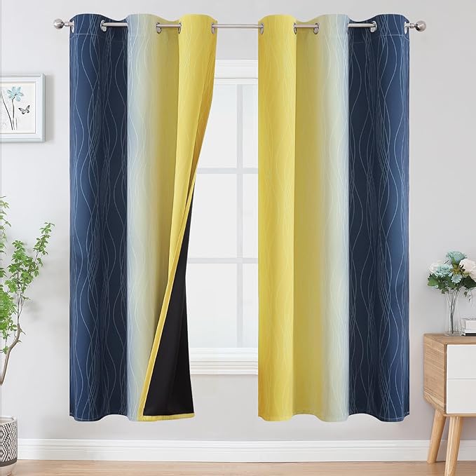 Estelar Textiler Navy Blue and Yellow Ombre Blackout Curtains by ESTELARTEXTILER