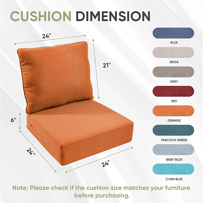 Outdoor Chair Cushions Set of 2, Waterproof 24x24 Patio Chair Cushion, Couch - Image 7
