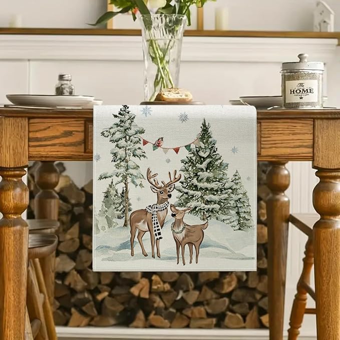 Christmas Deers Cedar Table Runner 13x72 Inch Snowflaks Winter Kitchen Dinning - Image 2