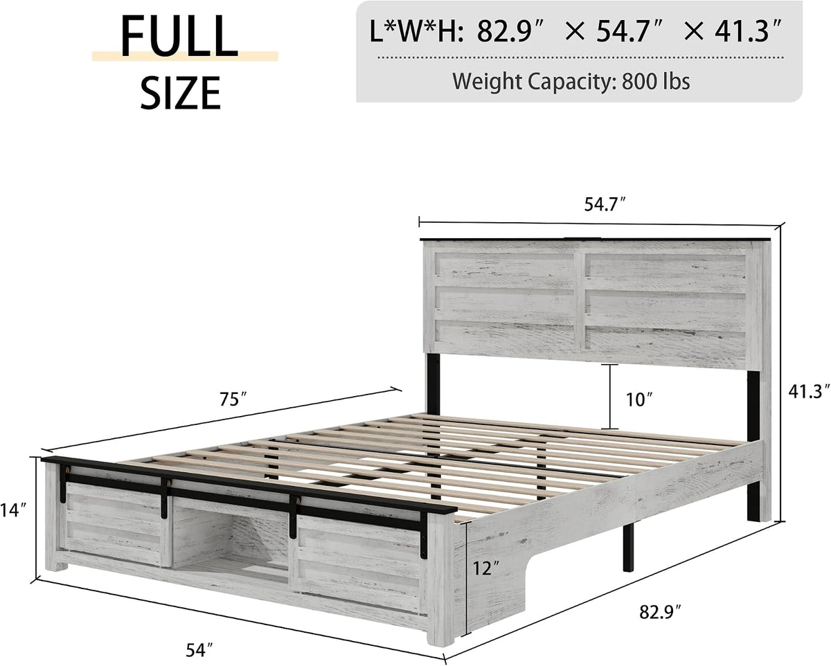 wooden full bed frame with headboard, farmhouse storage shown in use