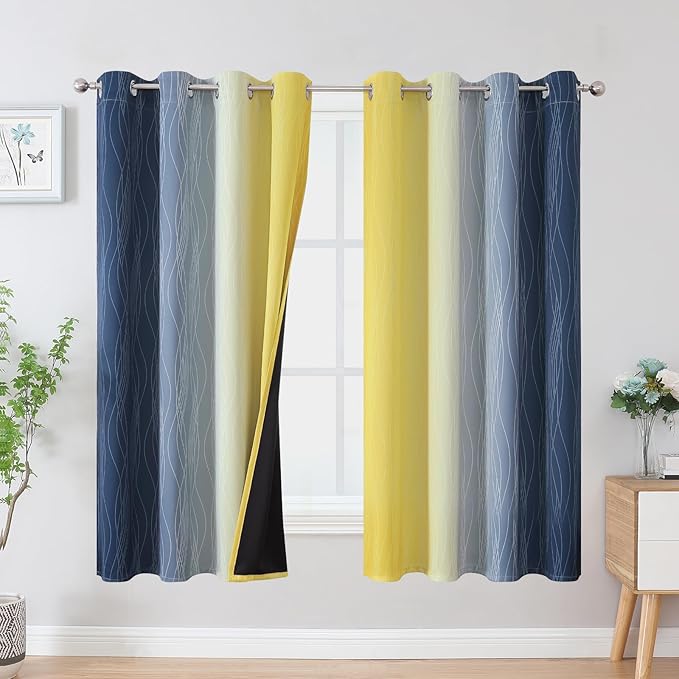 Estelar Textiler Navy Blue and Yellow Blackout Curtains 63 Inch Length 2 Panels by ESTELARTEXTILER