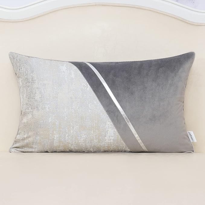 Alerfa 12 x 20 Inch Gray Silver Leather Patchwork Velvet & Polyester Cushion by Alerfa
