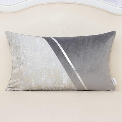 Alerfa 12 x 20 Inch Gray Silver Leather Patchwork Velvet & Polyester Cushion by Alerfa