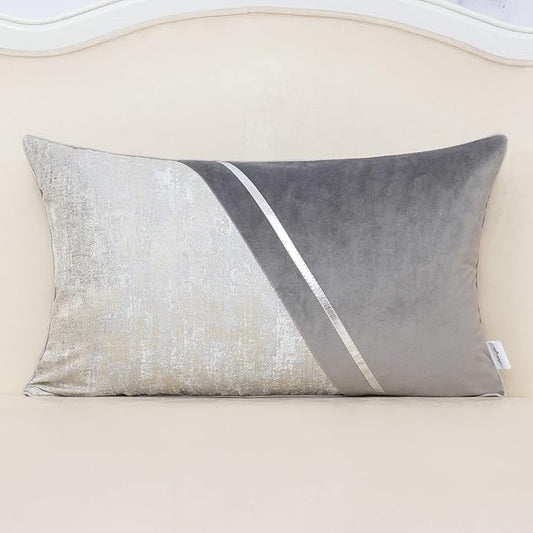 Alerfa 12 x 20 Inch Gray Silver Leather Patchwork Velvet & Polyester Cushion by Alerfa